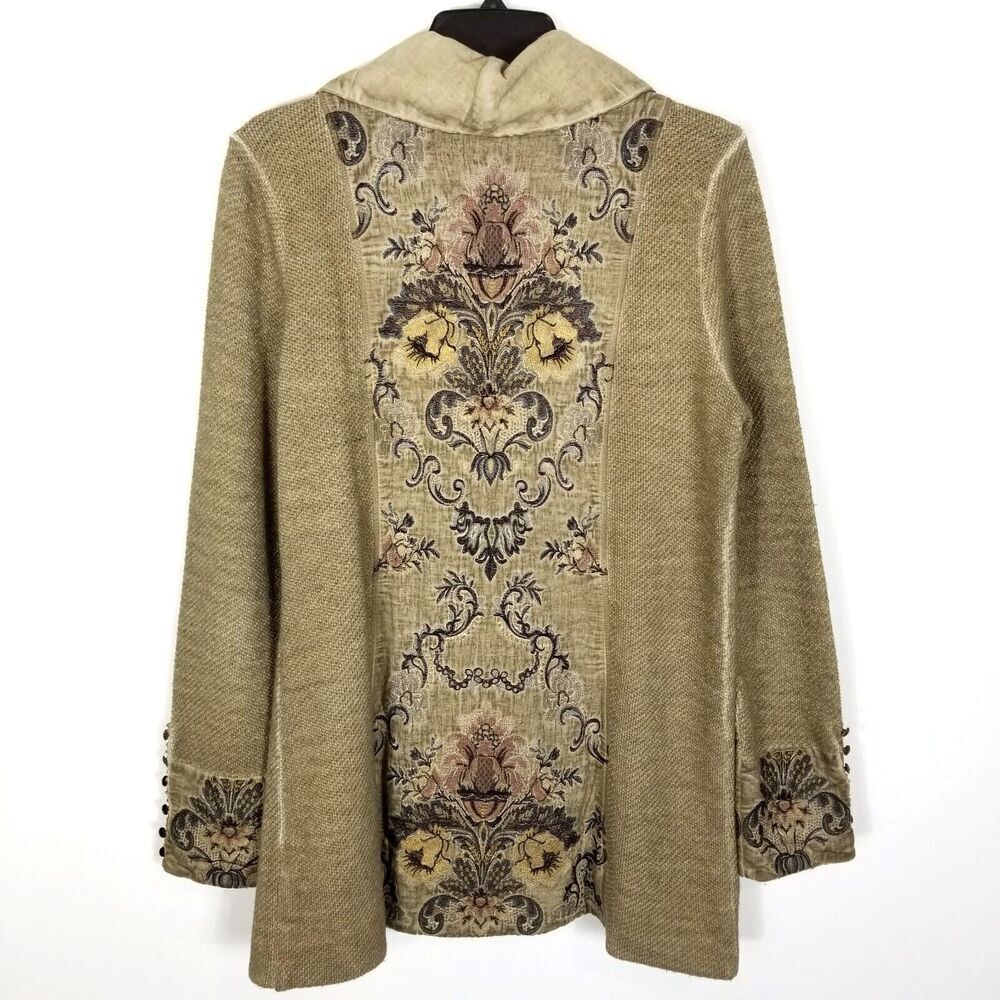 SOFT SURROUNDINGS Women Knit Embroidered Jacket Sz M Scroll Tapestry Sage Green